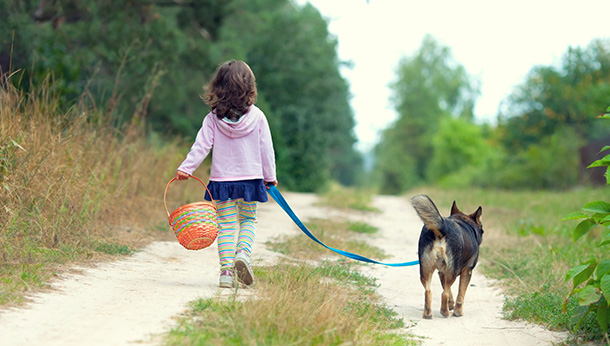 child walking dog